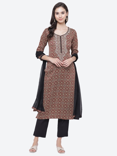 Biba Black & Maroon Satin Unstitched Dress Material
