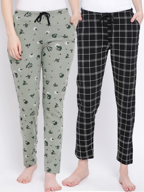 Kanvin Women Pack of 2 Printed Pure Cotton Lounge Pants, Black