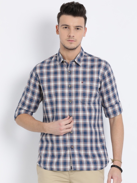 t-base Men Blue & White Regular Fit Checked Casual Shirt