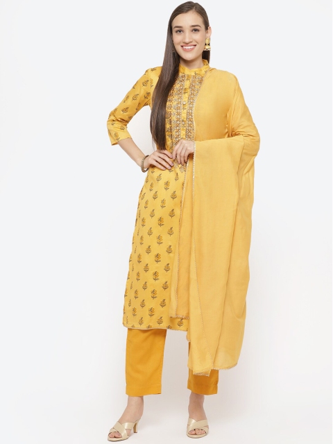 Biba Yellow & Gold-Toned Cotton Blend Unstitched Dress Material