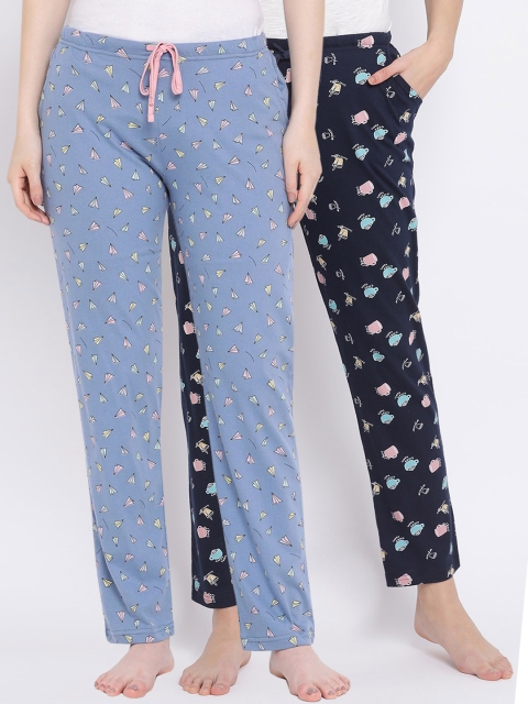 Kanvin Women Pack Of 2 Printed Pure Cotton Lounge Pants, Navy blue