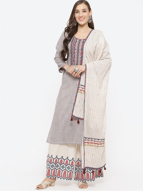 Biba Grey & Off-White Cotton Blend Unstitched Dress Material