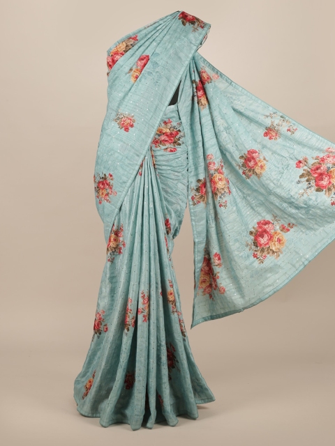 Pothys Turquoise Blue & Red Pure Silk Floral Printed Tussar Saree
