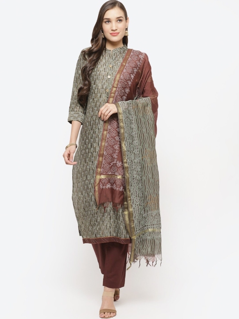 Biba Green & Coffee Brown Art Silk Unstitched Dress Material