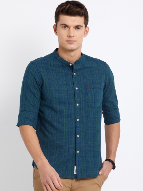 t-base Men Teal Green Regular Fit Checked Casual Shirt