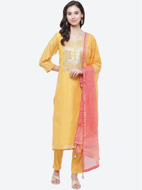 Biba Yellow & Pink Art Silk Unstitched Dress Material