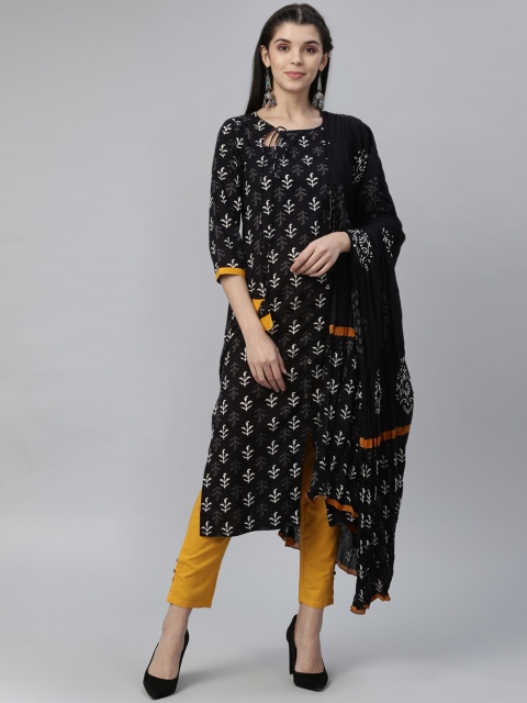 nesara Women Black Printed Regular A-Line Pure Cotton Kurta & Trousers With Dupatta