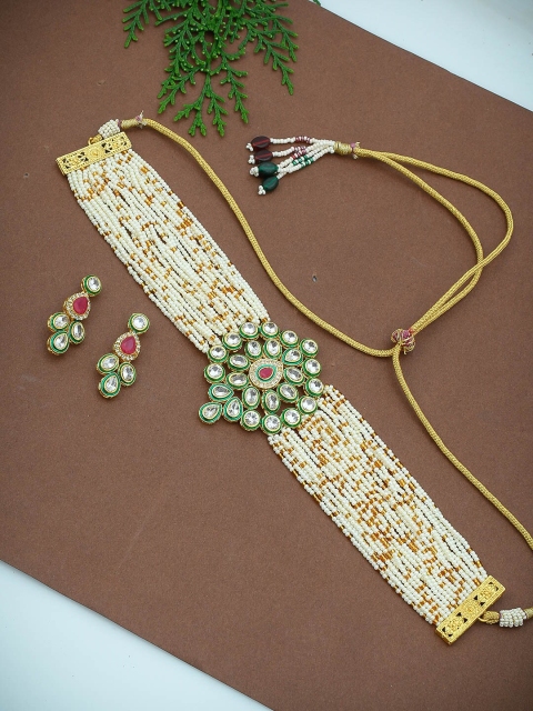 Silvermerc Designs Gold-Plated White & Pink Kundan & AD-Studded Jewellery Set