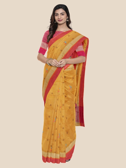 KLM Fashion Mall Mustard Yellow & Pink Linen Blend Embroidered Venkatgiri Saree