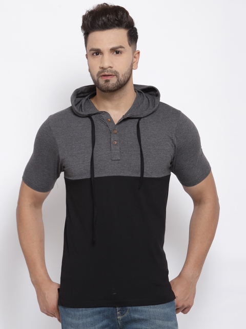 Kalt Men Grey & Black Colourblocked Hood T-shirt