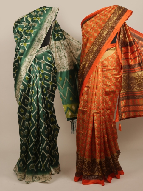 Pothys Green & Orange Set of 2 Jute Silk Printed Saree