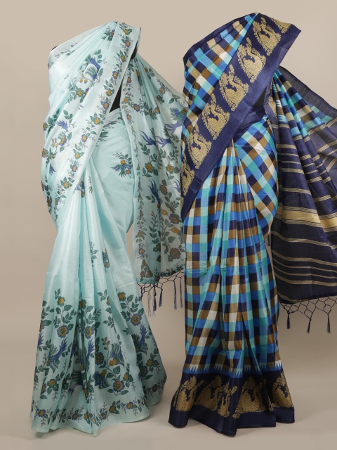Pothys Pack Of 2 Jute Silk Printed Sarees, Turquoise blue