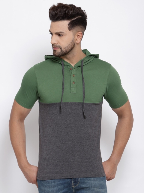 Kalt Men Green & Grey Colourblocked Hooded T-shirt