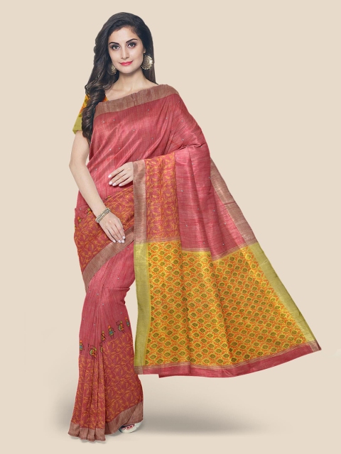 KLM Fashion Mall Pink Linen Blend Printed Venkatgiri Saree