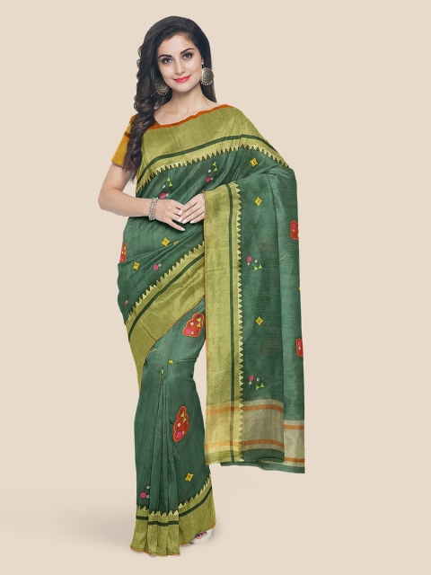 KLM Fashion Mall Green Embroidered Silk Cotton Saree