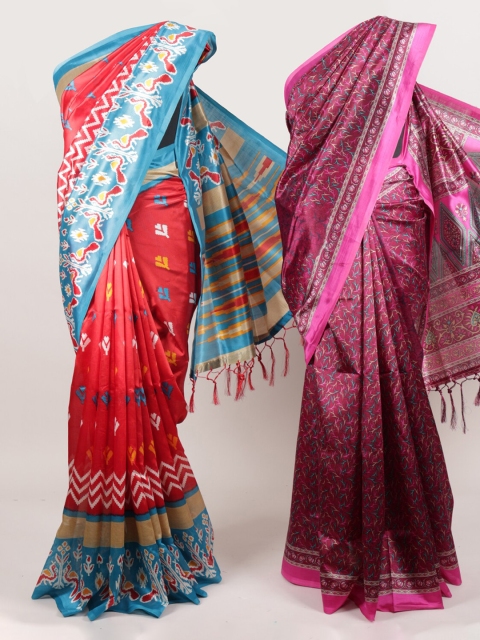 Pothys Purple & Red Set of 2 Jute Silk Printed Saree