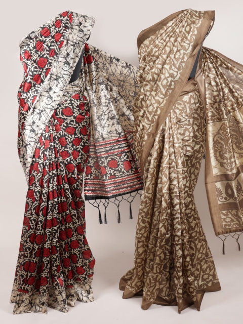Pothys Pack of 2 Brown & Red Jute Silk Printed Saree