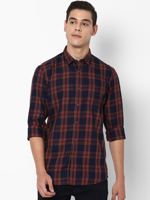 Allen Solly Sport Men Navy Blue & Brown Regular Fit Checked Pure Cotton Casual Shirt