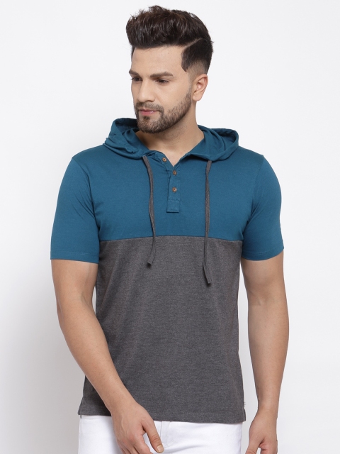 Kalt Men Teal Blue & Charcoal Grey Colourblocked Hood T-shirt