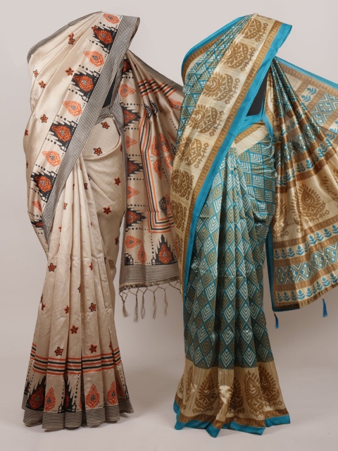 Pothys Pack Of 2 Jute Silk Printed Sarees, Cream