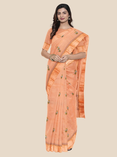 KLM Fashion Mall Peach-Coloured Embroidered Silk Cotton Saree