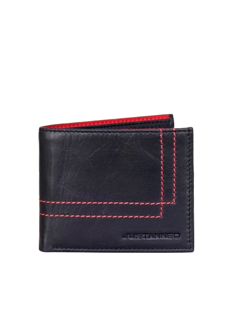 Justanned Men Black & Red Solid Leather Two Fold Wallet With Stitch Detail