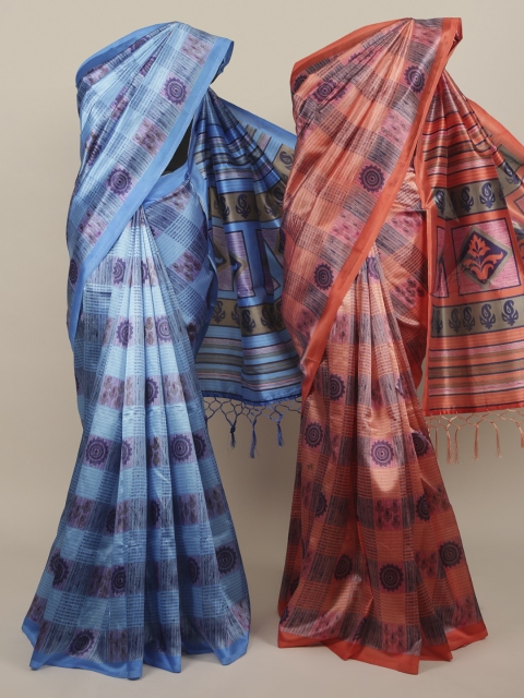 Pothys Blue & Coral Set of 2 Jute Silk Printed Saree