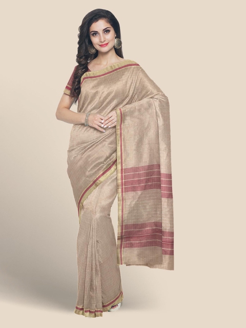 KLM Fashion Mall Beige Pure Cotton Striped Mangalagiri Saree