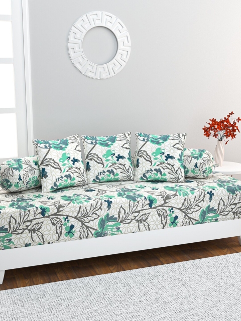 HOME AFFAIRS Set Of 6 Grey & Green Printed Pure Cotton Diwan Set