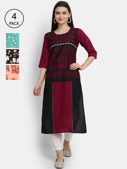 Ethnic basket Women Pack Of 4 Printed Crepe Kurtas, Maroon