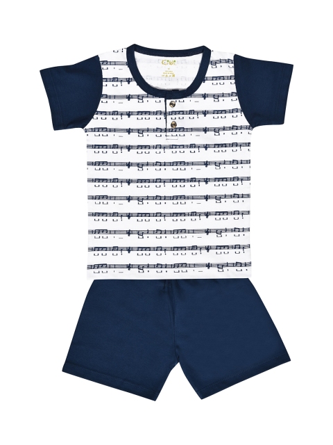 Kiwi Boys White & Navy Blue Striped Cotton T-shirt with Shorts