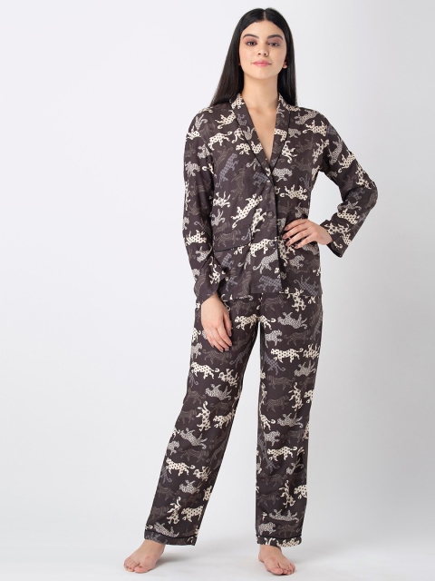 ADORENITE Women Brown & Cream-Coloured Printed Night suit