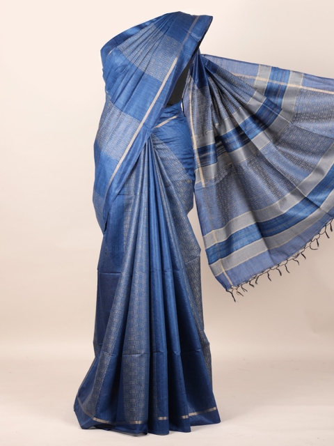 Pothys Blue & Gold-Toned Pure Silk Woven Design Tussar Saree