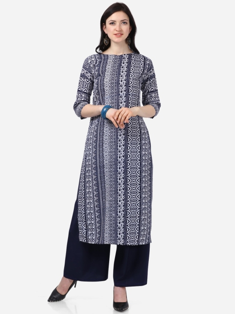 Florence Women Navy Blue Printed Crepe Regular Straight Kurta & Palazzos