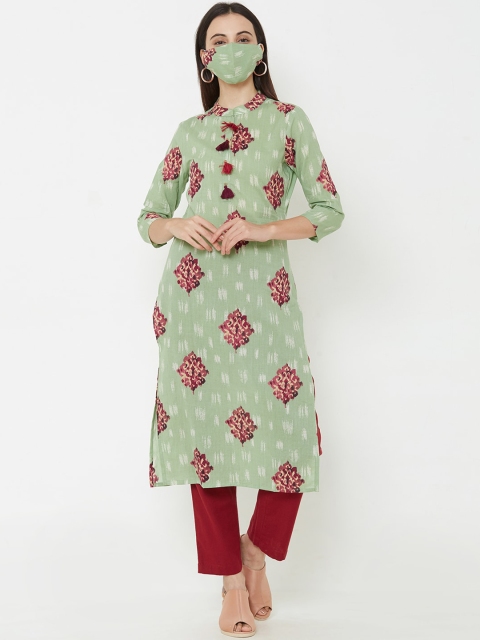 FASHOR Women Green Ethnic Motifs Printed Kurta with Mask