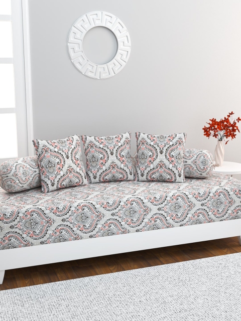 HOME AFFAIRS Set Of 6 Grey & Brown Printed Pure Cotton Diwan Set