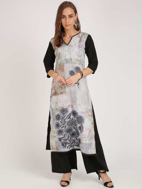 Florence Women Grey & Black Printed Regular Straight Kurta & Palazzos