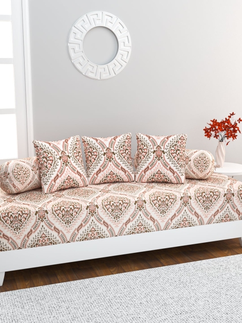 HOME AFFAIRS Set of 6 Beige & Peach-Coloured Printed Diwan Set with Bolsters and Cushions