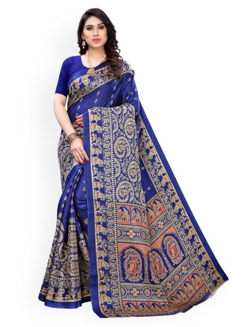 KALINI Navy Blue & Gold-Toned Silk Blend Woven Design Khadi Saree