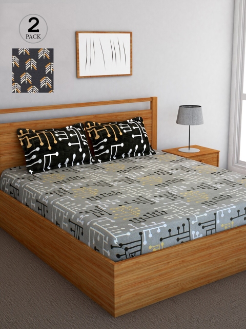 Bedspun Grey & White Graphic 120 TC Cotton 2 Queen Bedsheet with 4 Pillow Covers