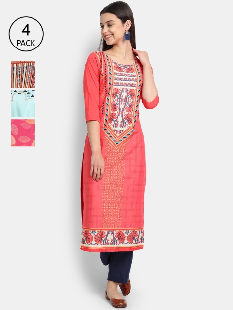Ethnic basket Pack of 4 Women Multicoloured Ethnic Motifs Printed Crepe Kurta, Multi