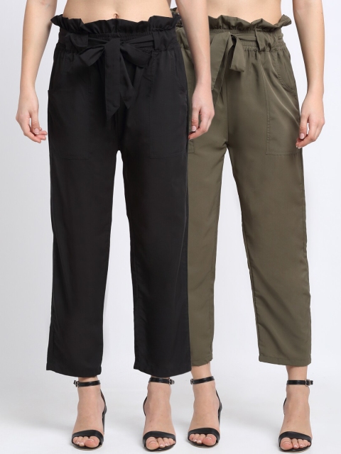 NEUDIS Women Pack Of 2 Solid Peg Trousers, Black
