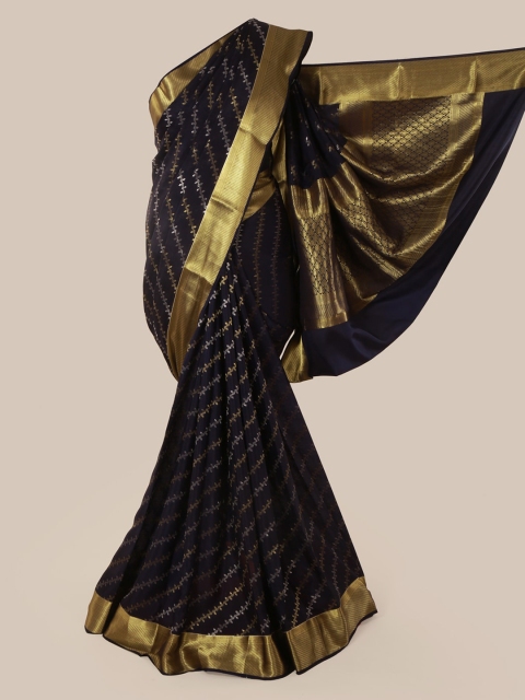 Pothys Black & Gold-Toned Pure Silk Striped Mysore Silk Saree
