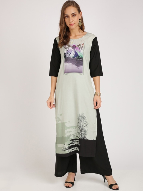 Florence Women Green & Black Printed Straight Kurta & Palazzos