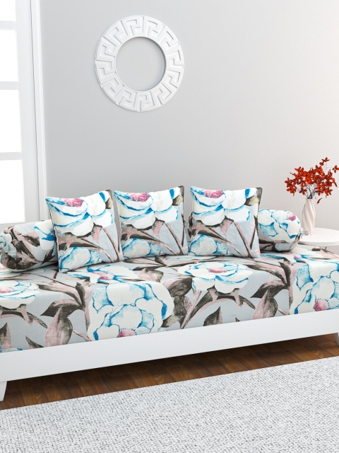 HOME AFFAIRS Set Of 6 Grey & White Printed Pure Cotton Diwan Set