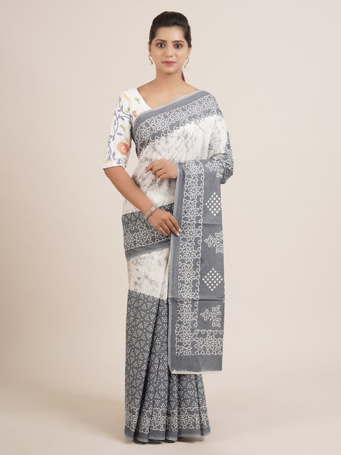 Pothys Off-White & Grey Pure Cotton Printed Saree