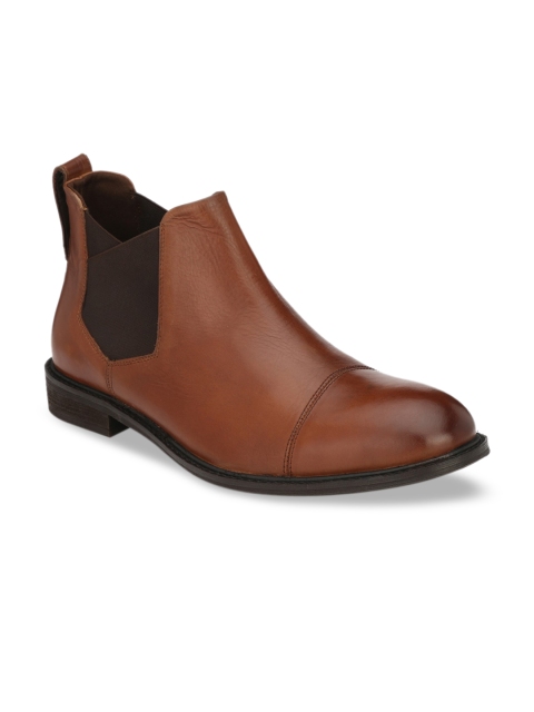 Delize Men Brown Solid Leather Mid-Top Flat Boots