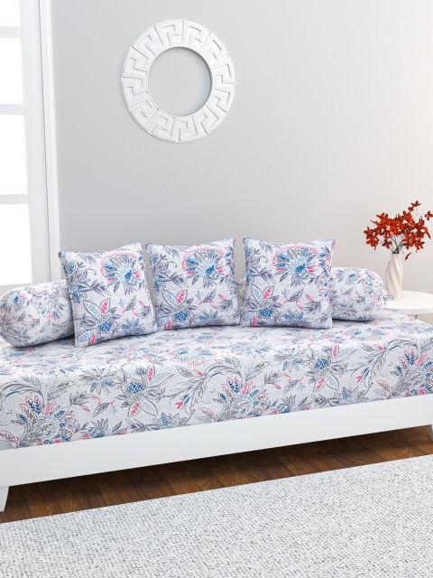 HOME AFFAIRS Set Of 6 Grey & Blue Pure Cotton Printed Diwan Set
