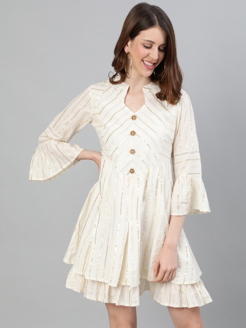 Ishin DESIGNER STUDIO Off White & Gold-Toned Striped Embellished Layered A-Line Dress
Ishin DESIGNER STUDIO Off White & Gold-Toned Striped Embellished Layered A-Line Dress