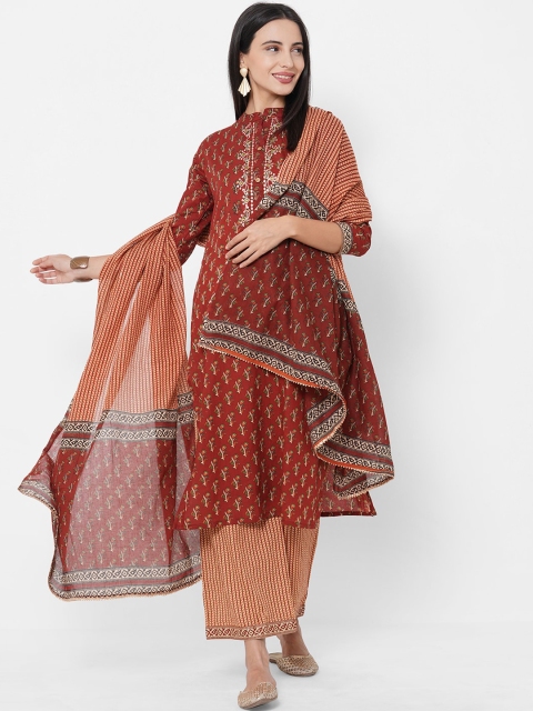 FASHOR Red & Green Ethnic Motifs Printed A-Line Pure Cotton Kurta with Palazzos & Dupatta